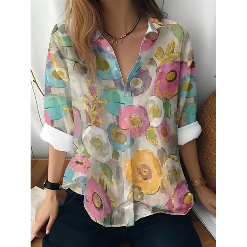 Womens Loose Fit Long Sleeve Cotton Linen Shirt With 3D Floral Print Casual Blouse 2025