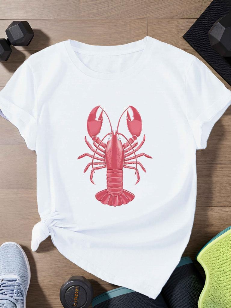 Creative Pink Lobster Printed Summer Unisex Casual Tshirt Short Sleeve Roundneck Tshirt Soft Unisex Daily Wear Clothing