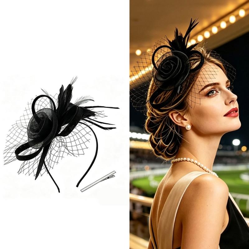 Race Day Fascinator Headpiece with 3D Flower, Feather Decors, Netted Veil and Clip-and-Headband Attachment for Cocktails Party