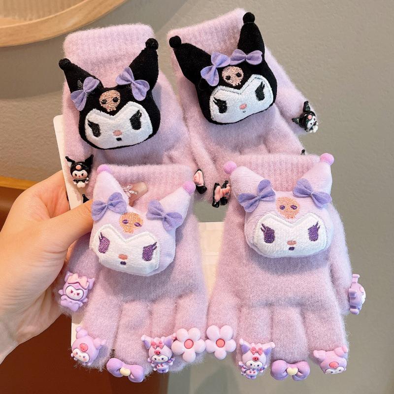 Girls' Kuromi Fleece-Lined Fingerless Gloves - Warm, Cold-Proof, Autumn/Winter Children's Accessories