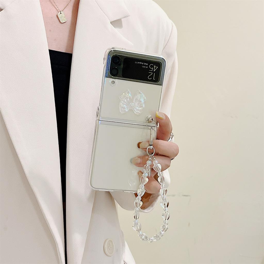 Luxury Korean Lesar Bow Love Heart Bracelet Chain Case For Samsung Galaxy Z Flip 4 Z Flip3 Zflip 5g Shockproof Back Cover Funda