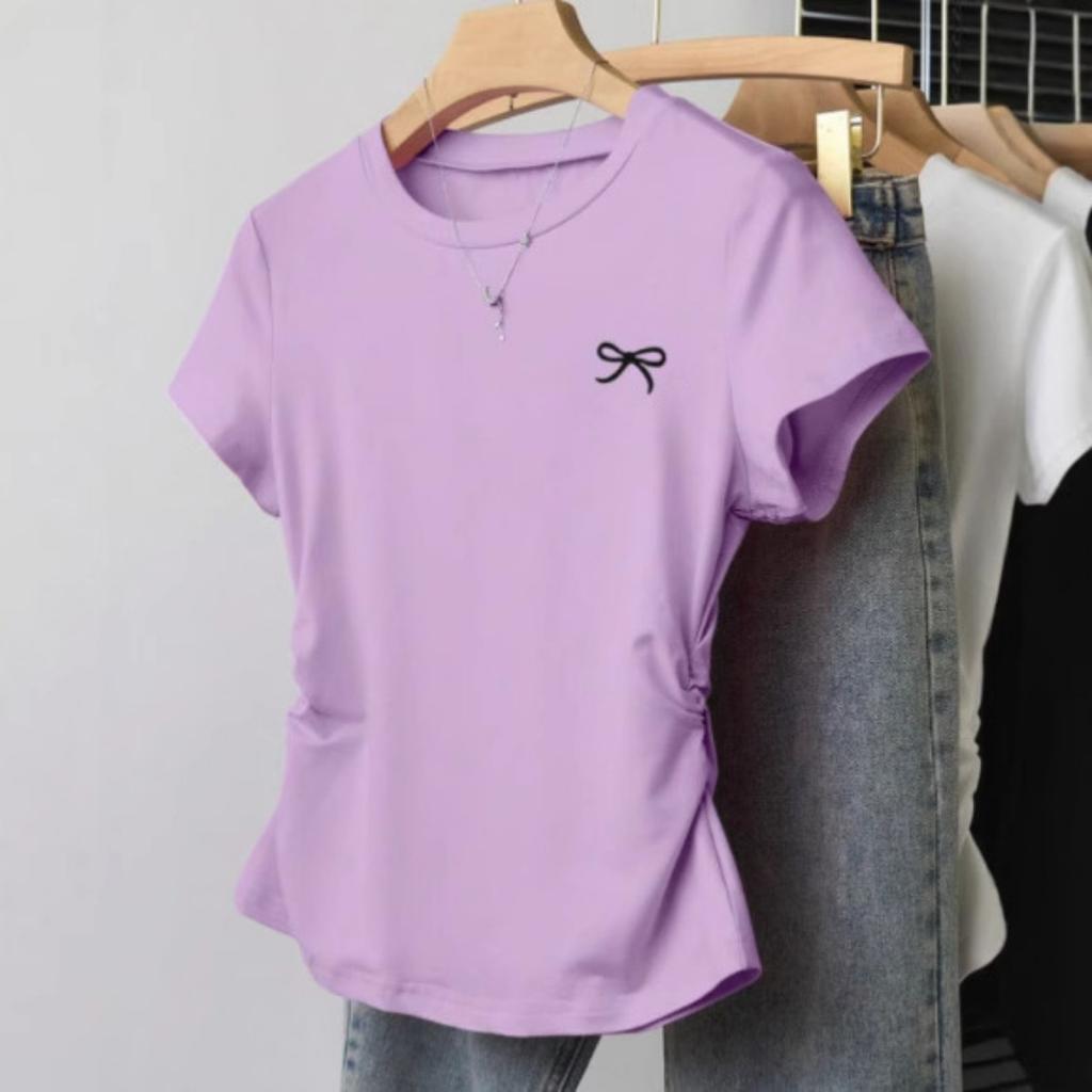 Nueva Camiseta de Verano de Manga Corta con Hombro Descubierto, Versátil Versión Coreana Ajustada Talla Grande Top Ligeramente Gordito con Ceñido a la Cintura y Efecto Adelgazante