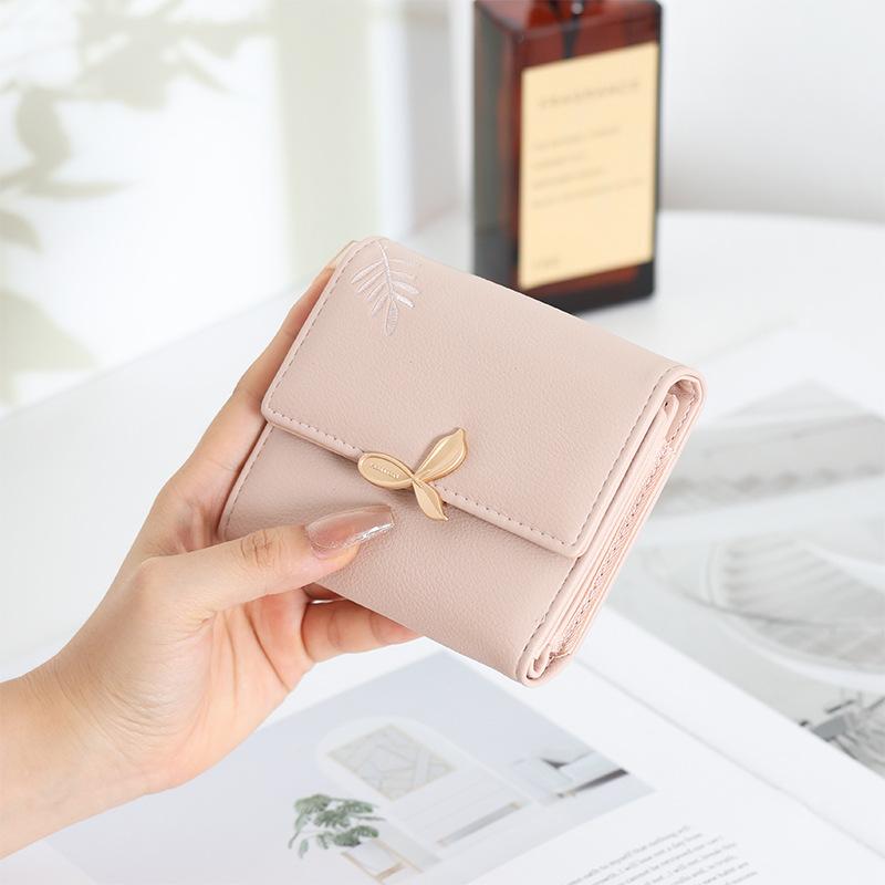 

Ladies Short Leaf Wallet, Embroidered Flower Wallet, Zipper Coin Student Multi functional Change Card Bag розовый