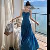Backless Suspender Skirt Women's Floral Shoulder Dress Seaside Vacation Beach Skirt Waist Long Dress