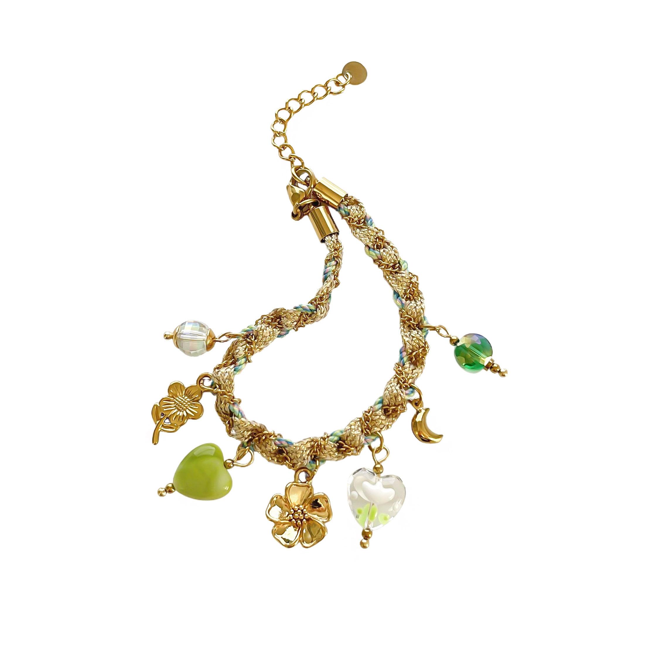 Peri sbox Acrylic Glass Resin HeartShaped Flower Multiple Pendant Rope Chain Women Necklace Bracelet Set Stainless Steel Jewelry