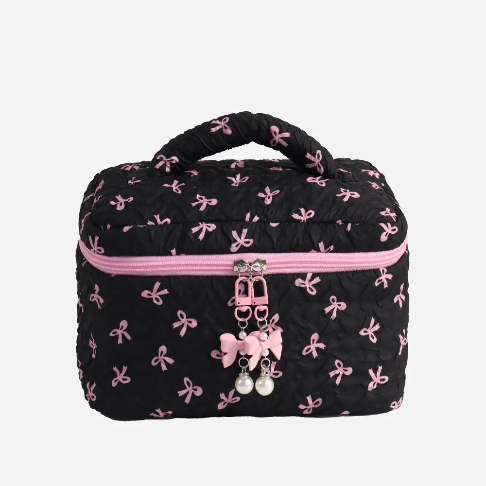 Fashion Bowknit Print Cosmetic Bag Large Capacity Pink Color Storage Pouch Makeup Bag Travel