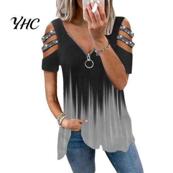 Top da Donna in Seta di Latte T-shirt Estiva Scollatura a V Maniche Corte con Traforo e Decorazioni di Strass Orlo Ampio Colore a Contrasto Degradé Taglia Grande