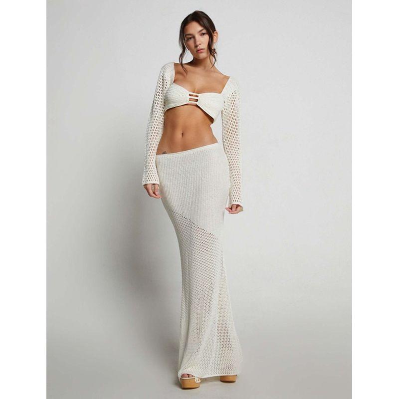 

Женская мода однотонное кружевное облегающее трикотажное длинное платье White M