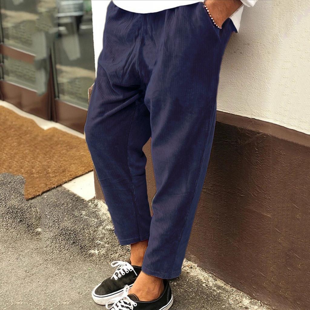 Men's Casual Loose Corduroy Drawstring Waisted Flat-leg Nine-inch Pants