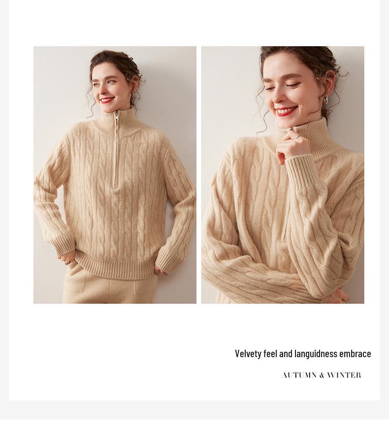 Women's Half-Zip Cashmere Sweater - Autumn/Winter Cable Knit, Gentle Style, Half-High Neck Base Layer.