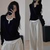 Two-Piece Effect Plus Size Black Long Sleeve T-Shirt - Women's Korean Style Irregular Patchwork Slimming Top