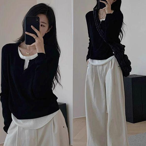 Two-Piece Effect Plus Size Black Long Sleeve T-Shirt - Women's Korean Style Irregular Patchwork Slimming Top