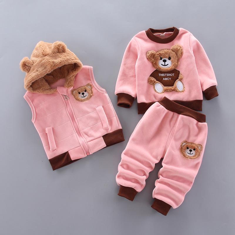 Baby Boys' 3-Piece Cartoon Bear Fleece Clothing Set - Jacket, Vest, and Pants for Autumn/Winter