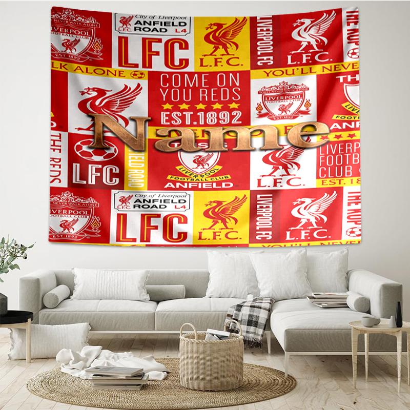 Custom Name Liverpool Football Club Print Tapestry, Backdrop, Easy Setup, Ideal for Bedroom, Office & Living Room, with Aesthetic Wall Hanging Decor.