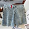 MODIQUE Summer Plus Size Jeans Pantaloni scurti elastici femei largi, drepti, casual, asimetrici, hotsweet, femei, pantaloni de bază cu talie înaltă