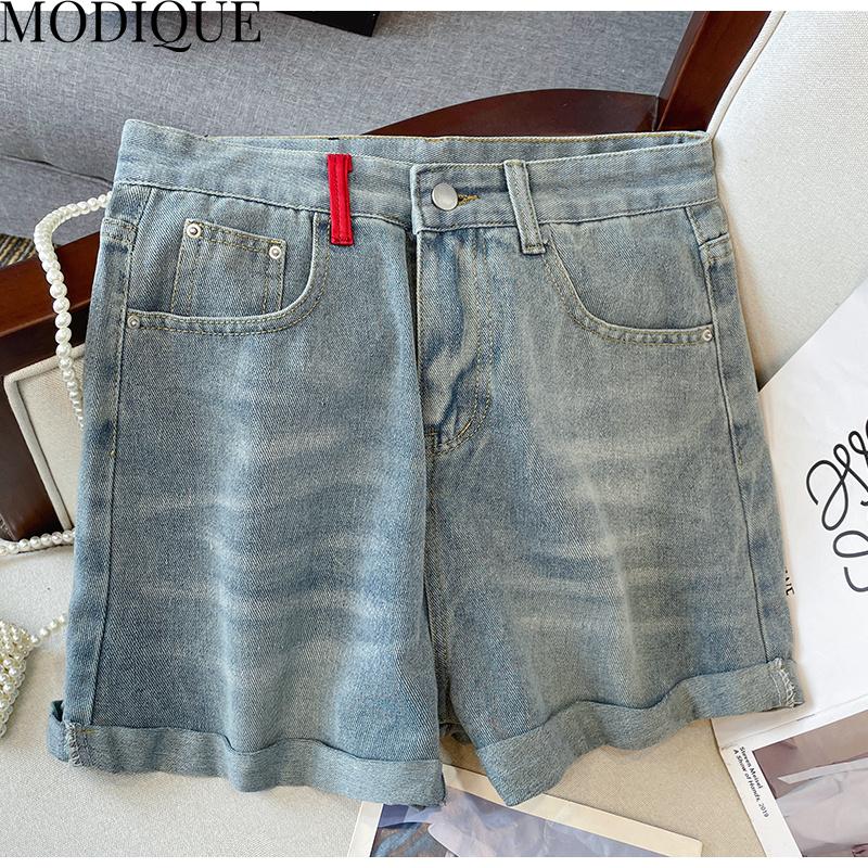 MODIQUE Summer Plus Size Jeans Pantaloni scurti elastici femei largi, drepti, casual, asimetrici, hotsweet, femei, pantaloni de bază cu talie înaltă