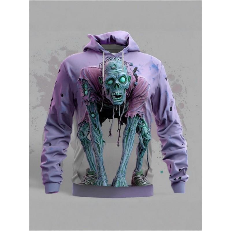 Mens Loose Fit Hooded Sweatshirt Halloween Horror Cartoon Print Long Sleeve Pullover Teens Adults