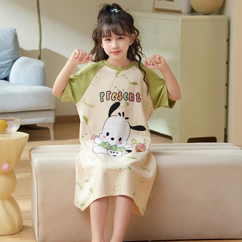 2026 Girls Cotton Nightdress Short Sleeve Pajama Dress Kids Ages 8-14 Soft Breathable Sleepwear
