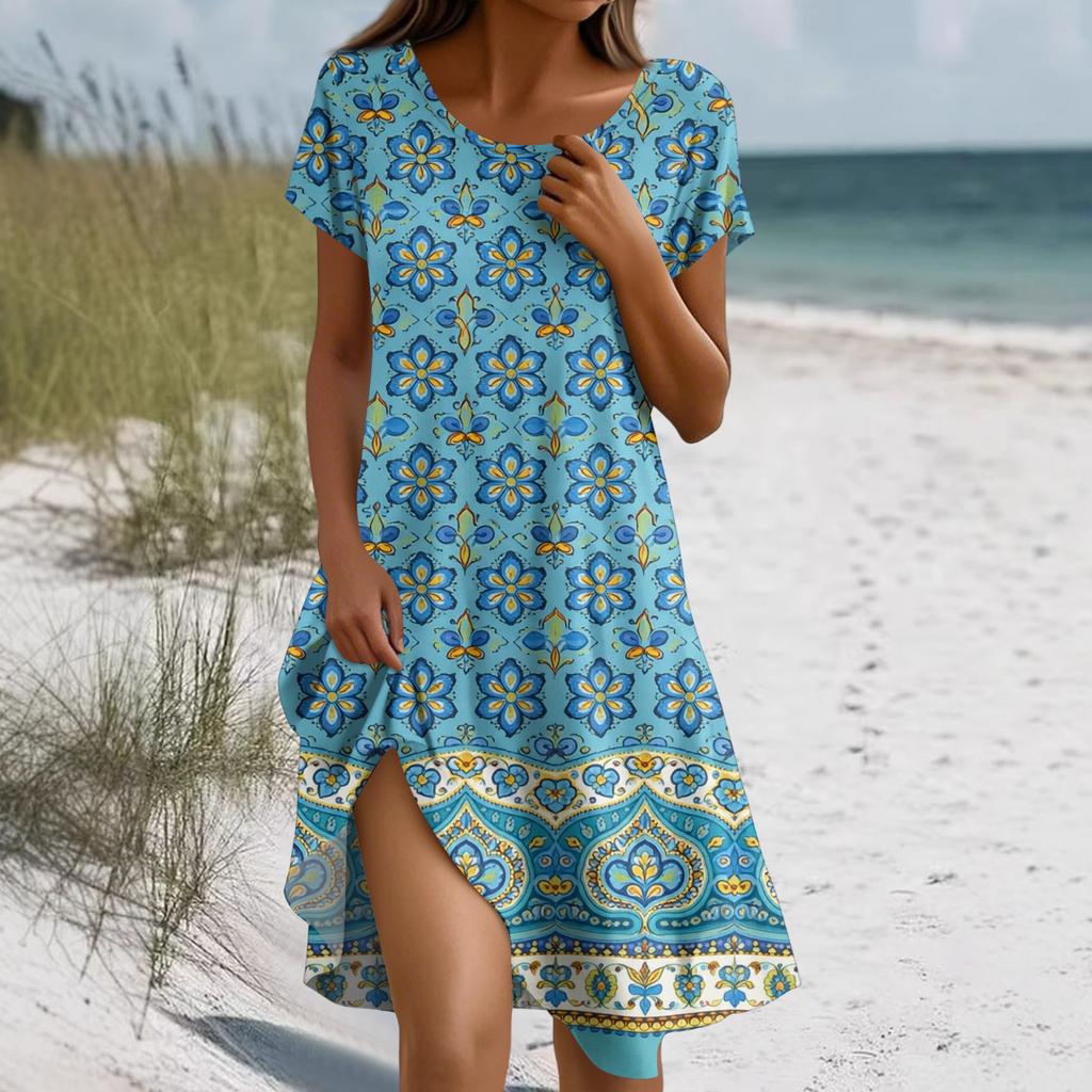 Sukienka Boho z krótkim rękawem dla kobiet, luźna, letnia, swobodna, z nadrukiem kwiatowym i kieszeniami