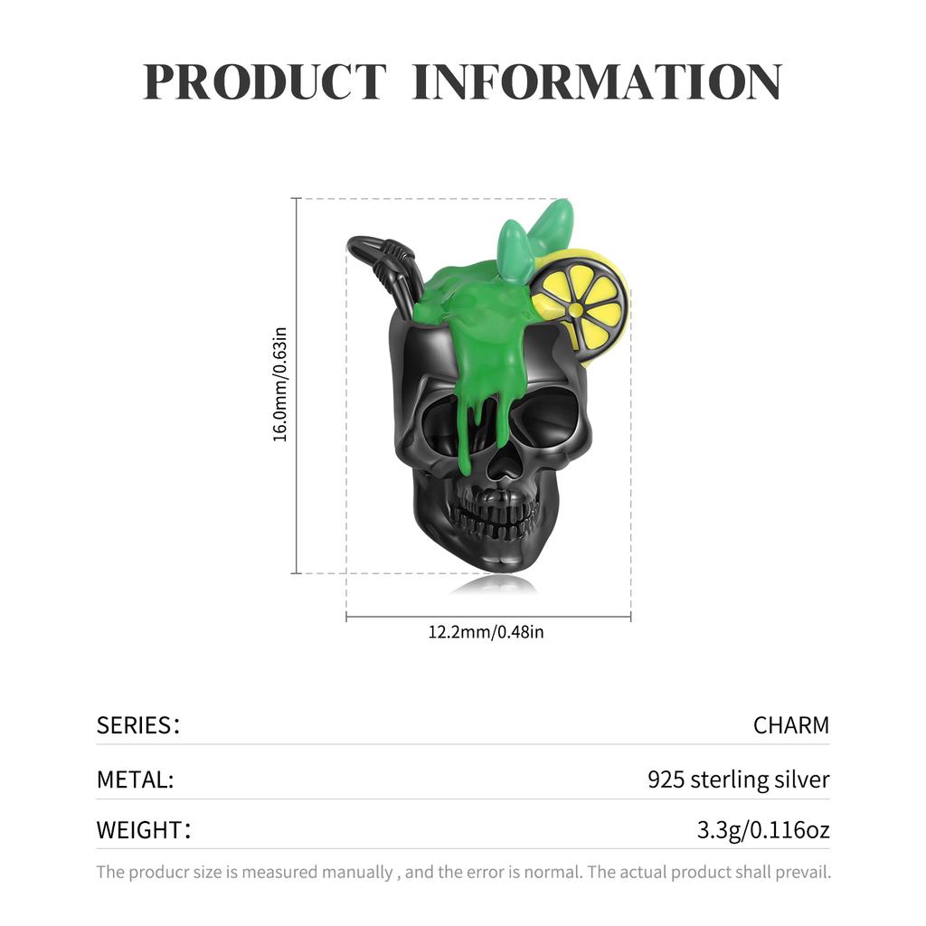 Lemon Juice Skull Authentic 925 Sterling Silver Heart Shape Enamel Skeleton Beads for Women Charms Bracelet Jewelry