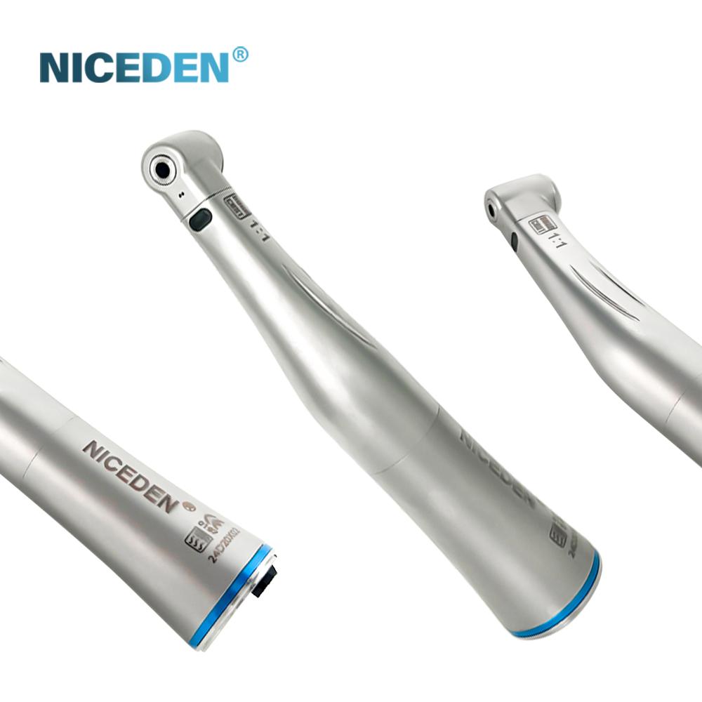 Niceden Dental 1:1 LED Fiber Optic Handpiece Internal Water Spray Contra Angle Push Button Chuck Blue Ring Low Speed Handpiece