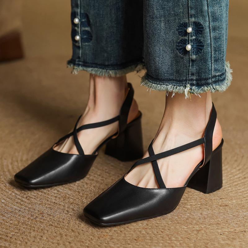 New Women's High-heeled Sandals Women's Comfortable Bag Head Rear Empty Sandals Summer Beef Tendon Large Size Square Head One Pedal Thick Heel