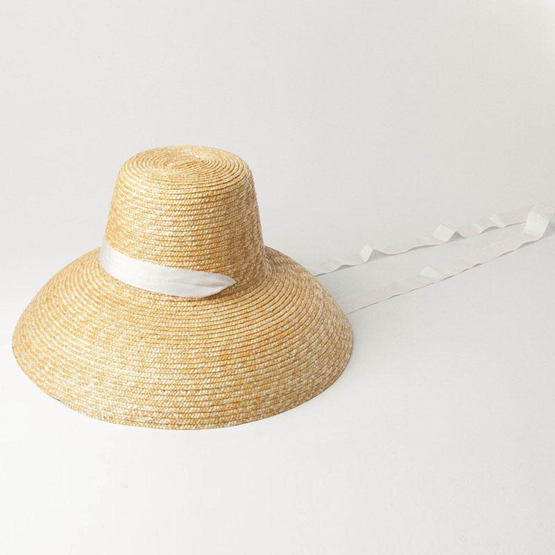 Women Summer Big Floppy Hat Wheat Straw Hat with Black White Ribbon Lace Tie 15cm Wide Brim Sun Hat UV Protection Beach Cap