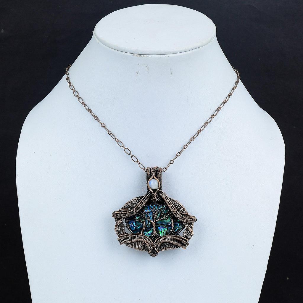 Tree Of Life Abalone Shell Pendant Copper Wire Wrapped Gemstone Jewelry Handmade Pendant Rainbow Moonstone Pendant Copper Wire Wrap Pendant