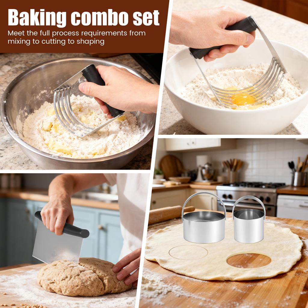 Stainless Steel Biscuit Cutter Set Ergonomic Pastry Scraper and Dough Blender with Non Slip Grip for Biscuits Pie Cookies