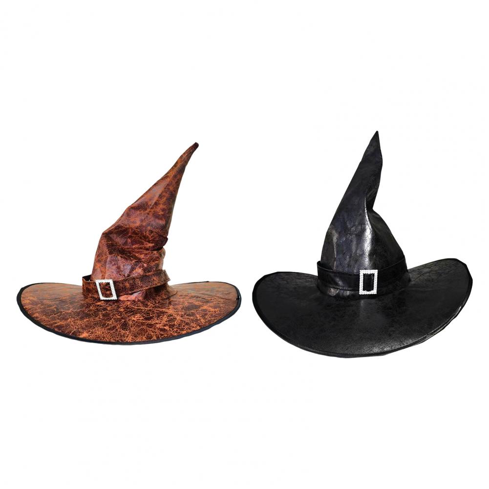 Witch Hat for Halloween Cosplay Party Wide Brim Pointed Hat Vintage Faux Leather Witch Hat for Halloween Cosplay Party