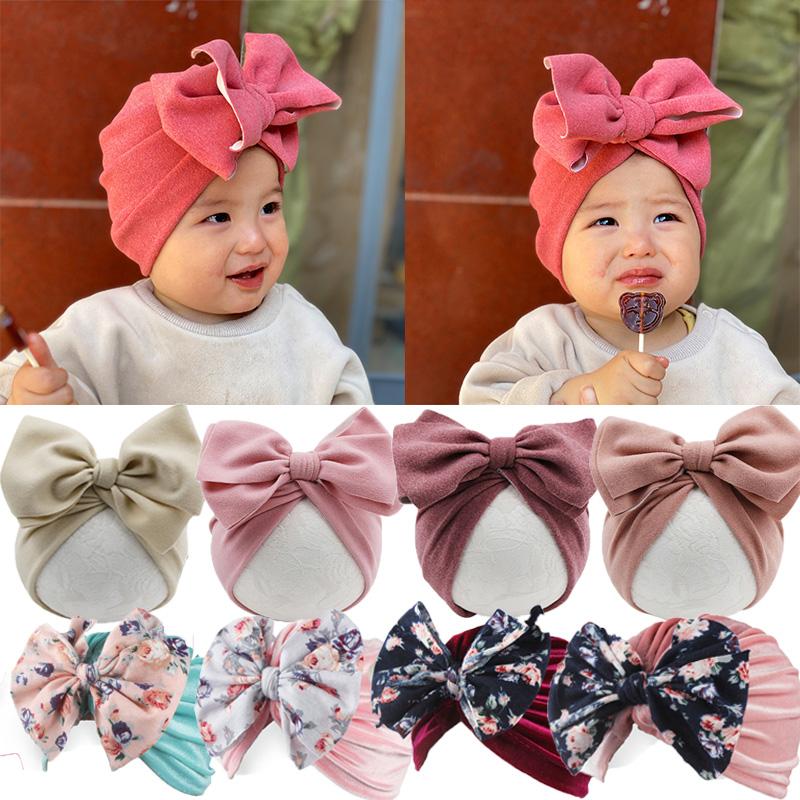

3 шт / комплект весна baby girl шляпа big bows мягкий хлопок baby beanie hat solid color дети новорожденный капот крышка цветочные шапки для девочек