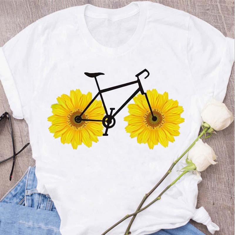 Woman Funny Bicycle Floral Print T Shirt Harajuku Women Tshirts Casual O-Neck Short Sleeves Tops Tees Shirt,Drop Shipping