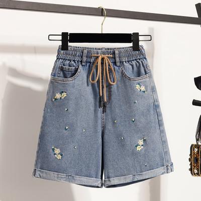 DIMANAF 2025 Plus Size Women Jeans Shorts Pants Summer Loose Embroidered  Basic High Waist Solid Pants Elastic Waist Maxi