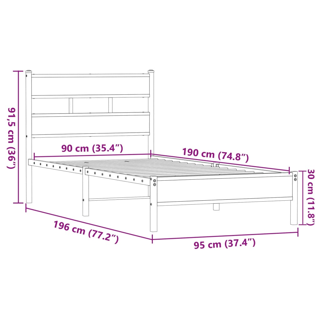 Bed Frame without Mattress Brown Oak Look 90x190 cm Engineered Wood