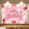 2D Pink Glitter Happy Birthday Backdrop with Polka Dot Balloons Photo Booth Banner