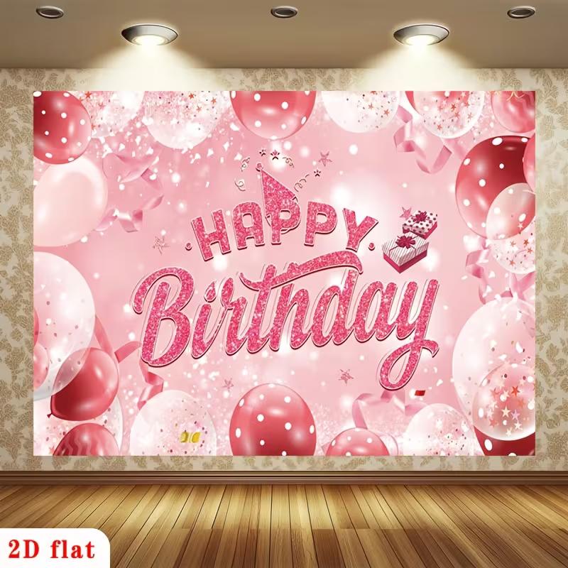 2D Pink Glitter Happy Birthday Backdrop with Polka Dot Balloons Photo Booth Banner