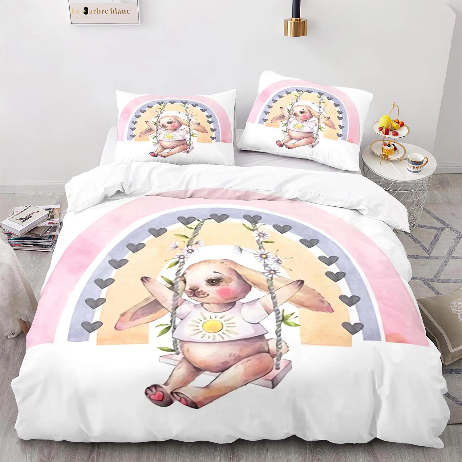 

Comforter Rabbit Rainbow King Queen Cartoon Animal Bedding Set For Kids Boys Girls Easter Green 2/3Pcs Polyester Comforter (quilt)-EU Single(135*200cm)3pcs