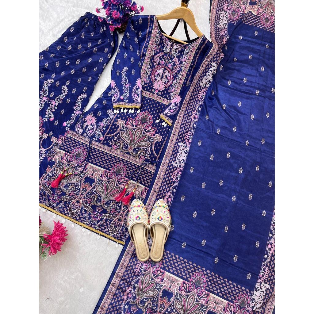 Designer wear trending top with printed work with hand work with plazo and dupatta set