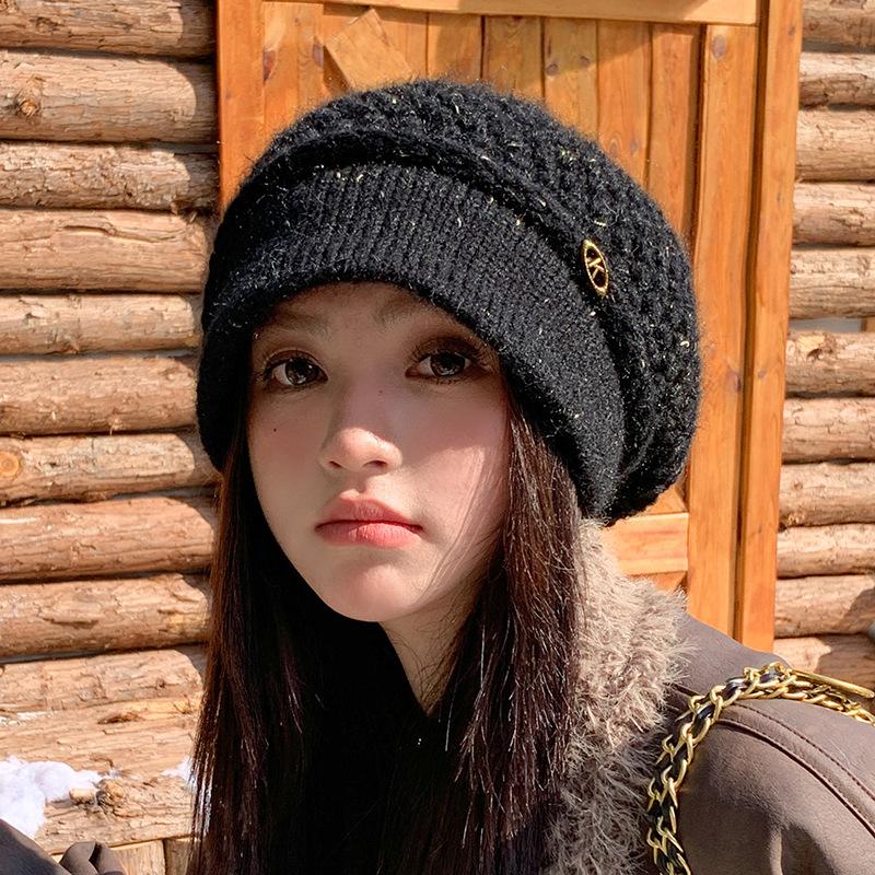 Französische Strickmütze Damen Herbst und Winter Doppelwollmütze Warmer Ohrenschutz