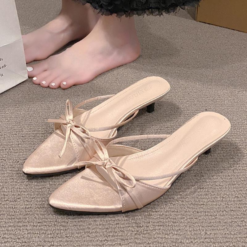 Fashion Women Slippers Fashion Bow Pointed Toe Shoes Elegant Dress Woman Heeled Sandals 2025 Sexy New Slides Luxury Sandalias De Mujer