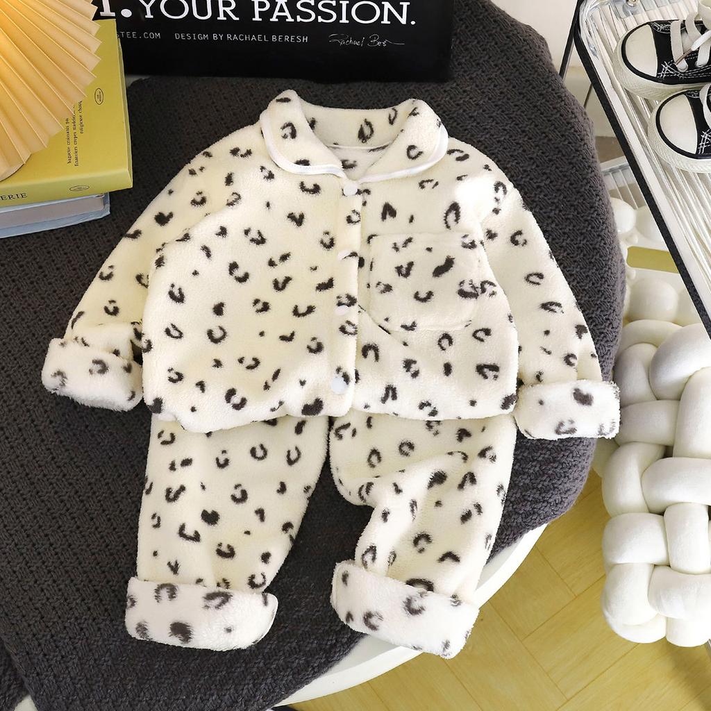 Kids Fleece Pajama Set Boys Girls Thickened Flannel Warm Open Front Home Wear Loungewear For Winter