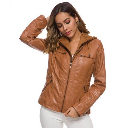 European and American hooded leather jacket two-piece set removable large size leather jacket women's spring and autumn coat women's PU washed leather