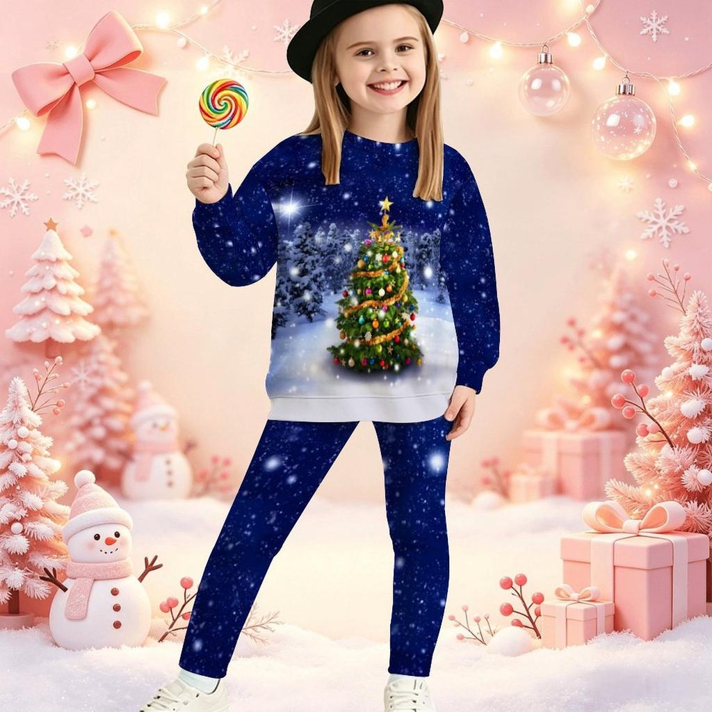 Girls' Xmas Tree Casual Comfortable Soft Loose Pullover Sweatshirt and Leggings 2-Piece Set, New Autumn/Winter, Playful, Sweet and Cool Style