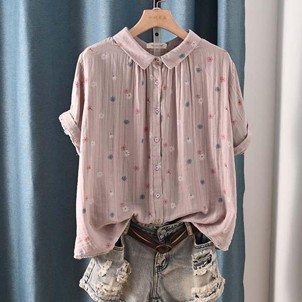 Niche Literary Temperament Lapel Printed Short-sleeved Shirt Women's Double-layer Cotton Yarn Loose Casual