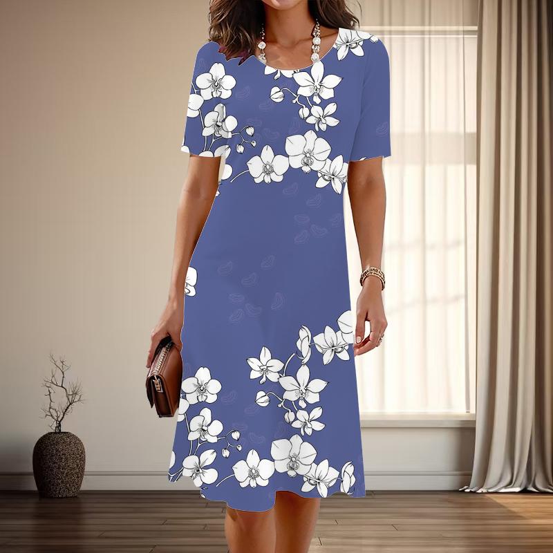 Women's Fashion Graceful Dandelion Print Summer Spring Short Sleeve O-Neck Casual Dresses