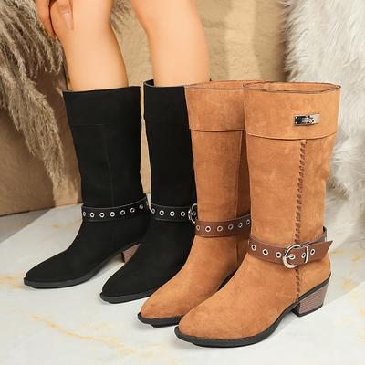 Fashion Belt Buckle Thick Heels Western Boots Women Retro Slip On Pointed Toe Knee High Boots Woman Plus Size Knight Long Botas Mujer
