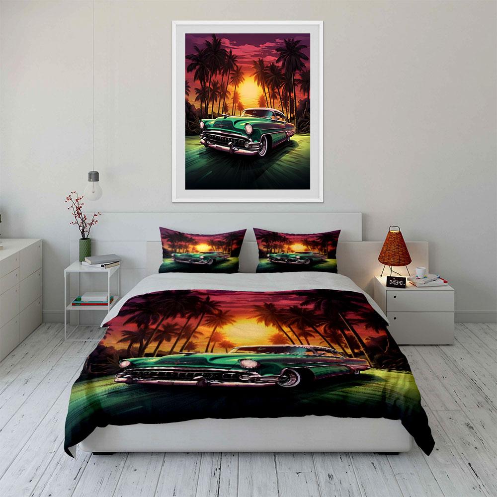 Classic car under sunset Bedding Set for Kids Luxury Gift 3pcs Digital Print Comforter Set Soft Comfortable Breathable