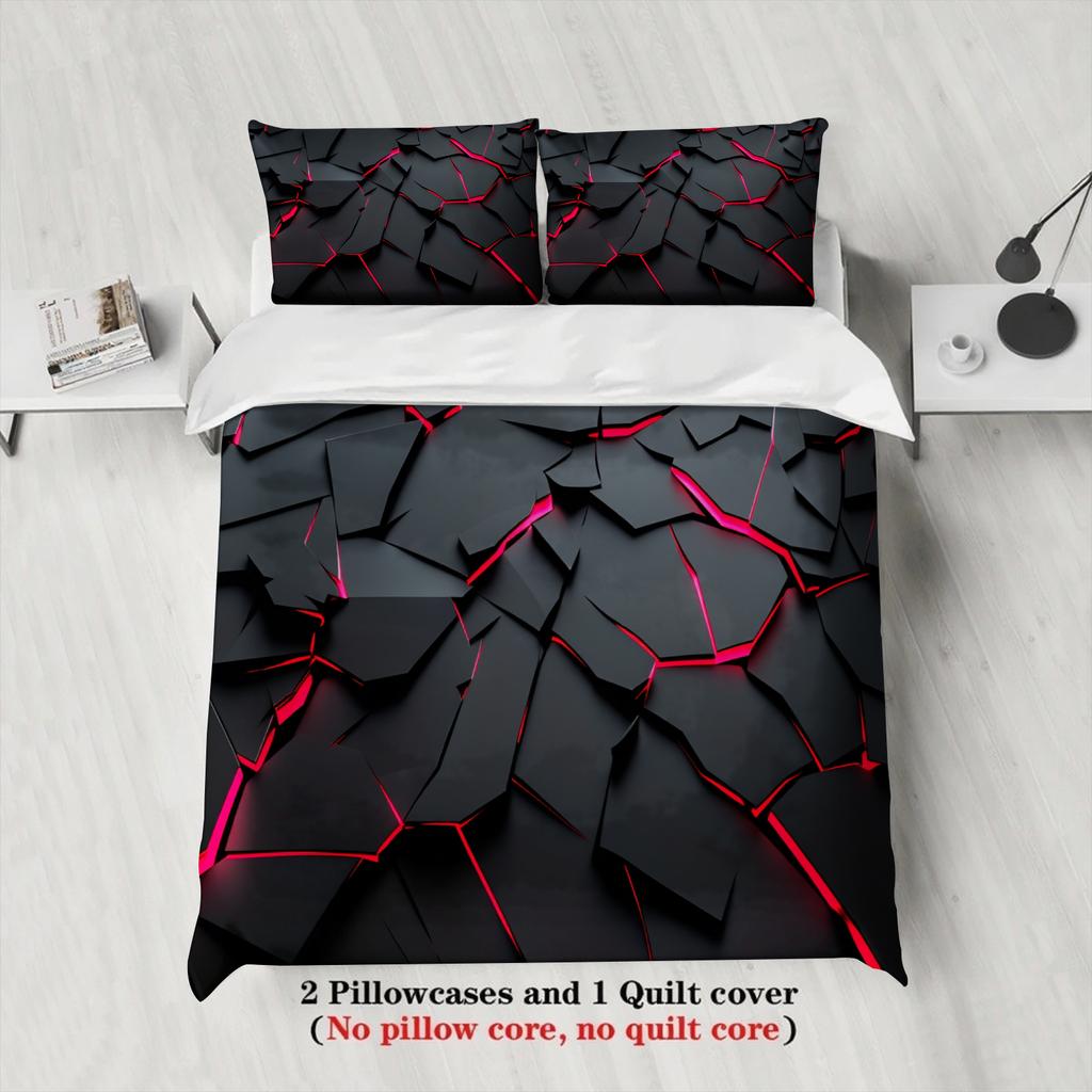 3Pcs Black And Red Geometric 3D Printed Bedding Sets Duvet Cover Sets With Pillowcases No Filling Cool Style For Boys Teen