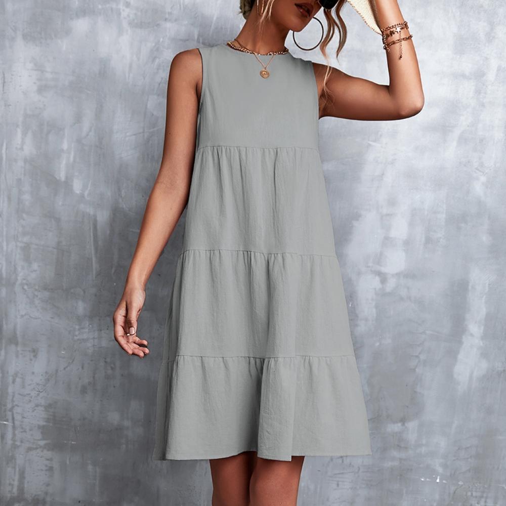 QICED Spring Summer Solid Color Print Sleeveless O-Neck Loose Swing Patchwork Cake Dress