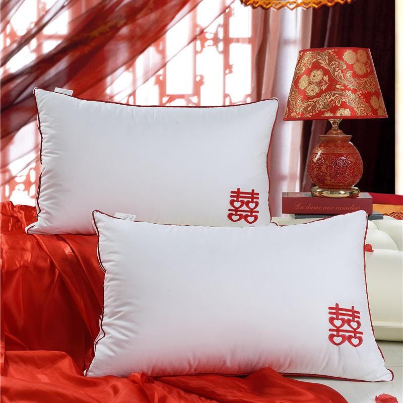 Cotton Wedding Pillow With Red Double Happiness Embroidery Down Alternative Fill Queen Size Bedding Accessory